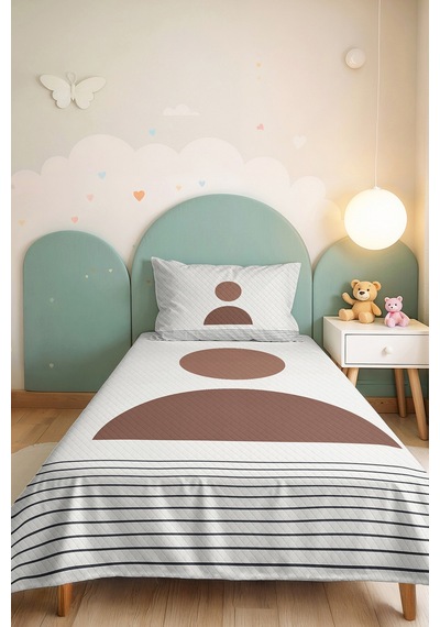 Minimal Boho Geometrik Bej Genç Odası Tek Kişilik Pike Takımı - Vizon 160x220 Cm Yatak Örtüsü Kremamsı Vadi Çizgisi