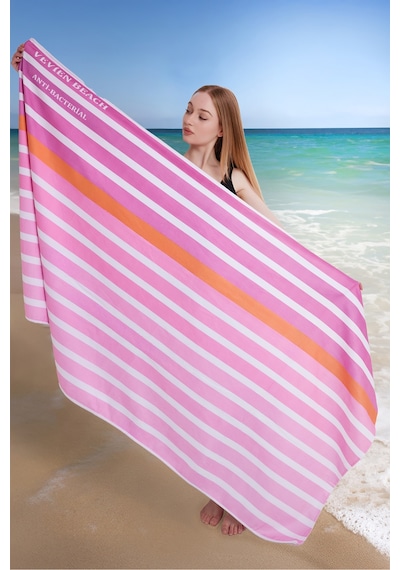 Çizgili Dijital Baskılı 100x180 Cm Plaj Havlusu Plaj Çantası+bon Pembe