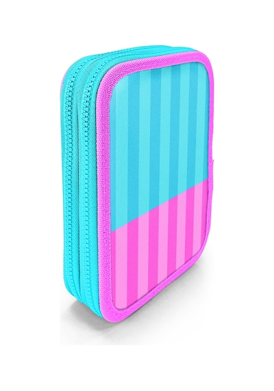 Coral High Kids Turkuaz Pembe Çizgili Desenli Çift Katlı Kalem Çanta 31120 Turkuaz