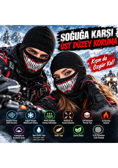 Ulupazarlama Unisex Tam Yüz Balaklava Diş Desenli Kışlık Maske Nefes Alan Esnek Kask Altı Boyunluk Yumuşak Viskoz Siyah