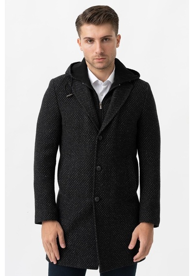 White Stone Ancona 4024 Slim Fit Kapüşonlu Ceket Yaka Pamuklu Kaban Siyah-Siyah