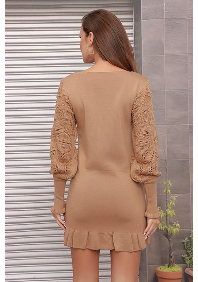 Aqe Fashion Kol Dantel Detaylı U Yaka Eteği Fırfırlı Camel Elbise Camel