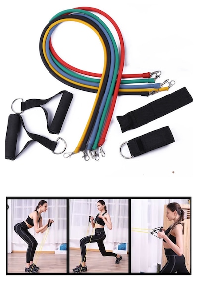 5'li Set 11 Parça Direnç Lastiği Taşıma Çantalı 4,5 Kg - 45 Kg Ayarlayabilir Zorluk Çok Renkli