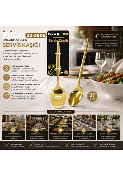 İbico İ22-447 27cm Gold Altın Metal Servis Kaşık - 12'li Paket Diğer
