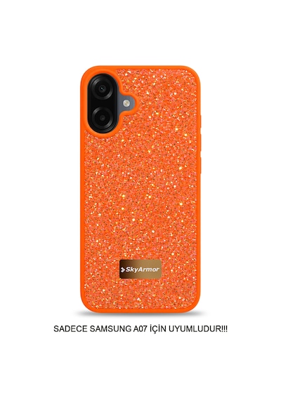 Samsung A07 Uyumlu Kadife İç Yüzey Tasarımlı Taşlı Işıltılı Parlak Pırlanta Kılıf Dia Plus Turuncu