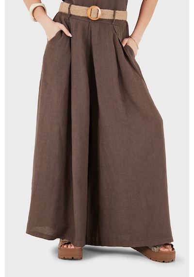 Via Dante Relaxed Fit Yüksek Bel Bol Paça Keten Pantolon Bayan Pantolon 7544 Kahve