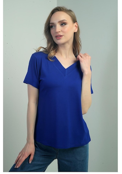 By Saygı Kadın V Yaka Yırtmaçlı Kısa Kol Bluz-40756 Saks By Saygı Kadın V Yaka Yırtmaçlı Kısa Kol Bluz-40756 Saks