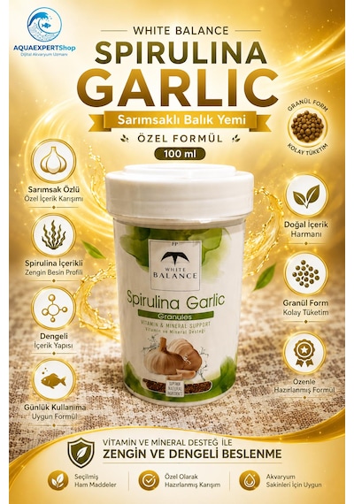 White Balance Spirulina Garlic Granül Balık Yemi - Sarımsak Ve Spirulina İçerikli Özel Formül - Premium Balık Yemi - 100 Ml
