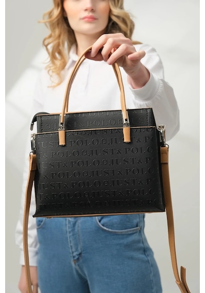 Just Polo 5 Bölmeli Şık El & Omuz Çantası Shoulder Bag Ebat : 22 X 25 Cm Siyah - Camel