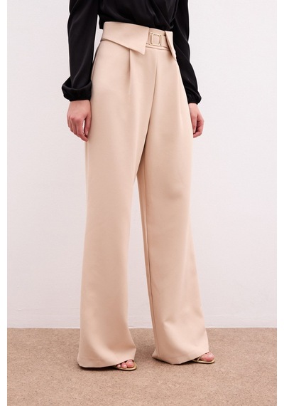Sateen Bel Detaylı Geniş Paça Pantolon Bej