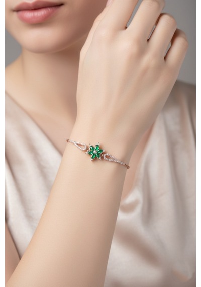 Çekirdekjewelry 925 Ayar Gümüş Zümrüt Taşlı Lotus Bileklik Pembe