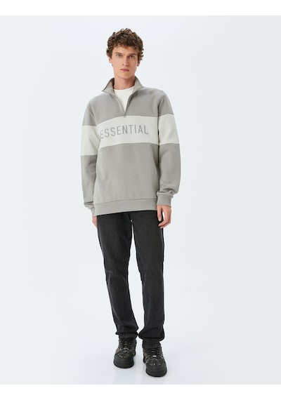 Koton Renk Bloklu Yarım Fermuarlı Pamuklu Slogan Baskılı Sweatshirt Gri 5sam70009mk Gri