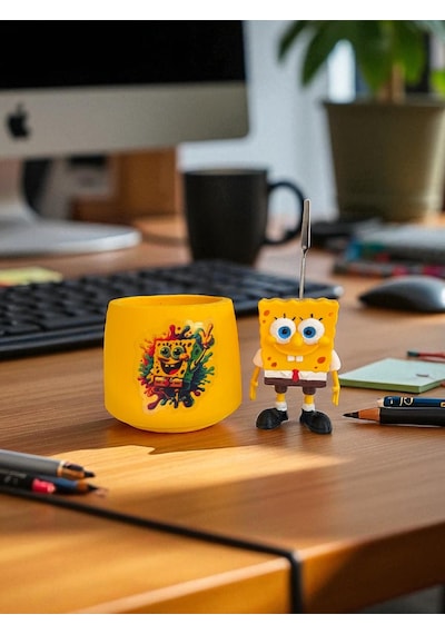 Sevimli Sünger Bob Sponge Bob Fotoğraf Not Tutucu Ofis Masası Setli Tutacak Hediyelik Sarı