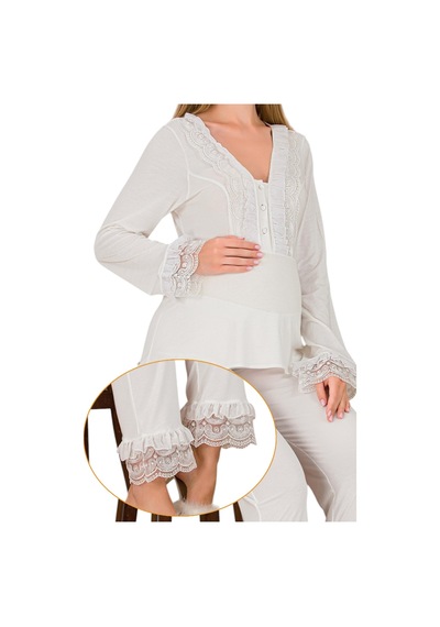 Lady Ekru Renkli Dantel Detaylı 33208 Uzun Kol 2 Parça Lohusa Hamile Pijama Takımı