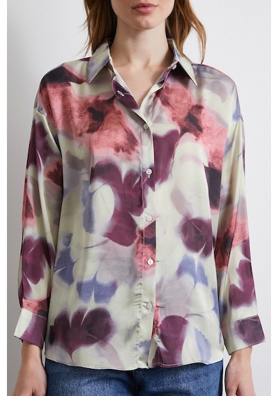 Never More Batik Desen Saten Gömlek Lila Lila