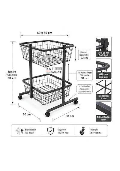 60x60 Cm Çift Katlı Tekerlekli Tel Havuz Sepet Market Mağaza Promosyon Ve Aksiyon Sepeti Antrasit