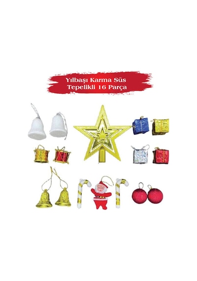 Yılbaşı Karma Süs Tepelikli 16 Parça