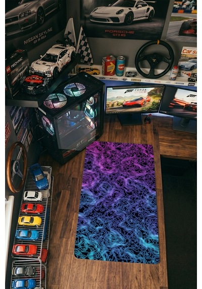 Neon Topografik Gaming Mousepad Xxl 90x40 Cm Kaymaz Taban Dikişli Kenar Oyuncu Masa Pedi Mor