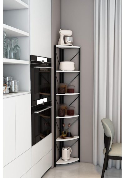 Datça 6 Raflı Metal Köşe Kitaplık Rafı Dekoratif Aksesuar Rafı 180 Cm Beyaz Beyaz