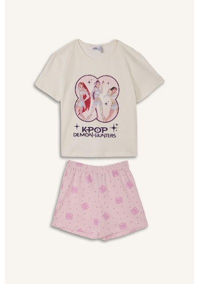 Defacto Kpop - Demon Hunters Lisanslı Regular Fıt Elastik Bel 2li Ekru Pijama Takımı Kız Çocuk H8098a826smer105 Ekru-er105