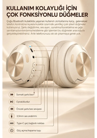 Exenar - Bej - Lecoo Es208 Kablosuz Kulak Üstü Kulaklık Bluetooth 5.3 Katlanabilir Mikrofonlu 20 Saat Şarjlı Hafif