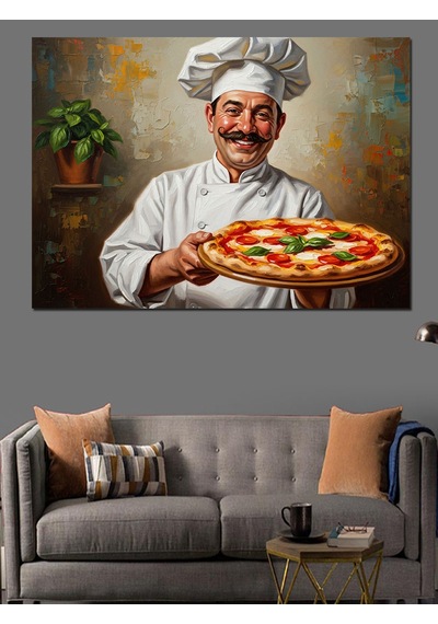 Ahşap Tablo Pizza Tepsisi Tutan Gülümseyen Şef Yiyecek Ve İçecek Tabloları