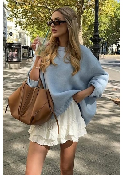 Madmext Bebe Mavisi Bisiklet Yaka Oversize Triko Kazak Mg1972 Bebe Mavisi