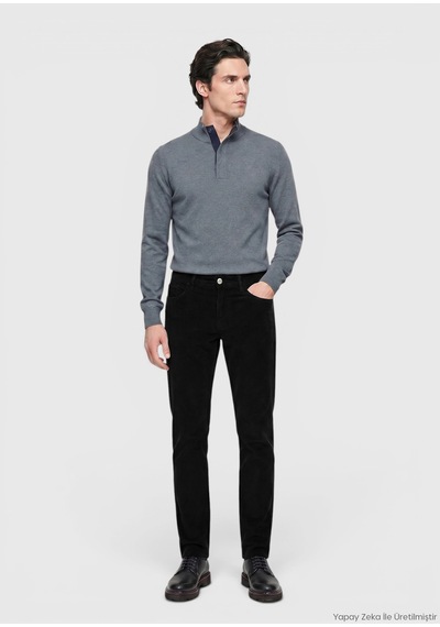 Ramsey Siyah Düz Dokuma Slim Fit Kadife Casual Pamuk Karışımlı Pantolon