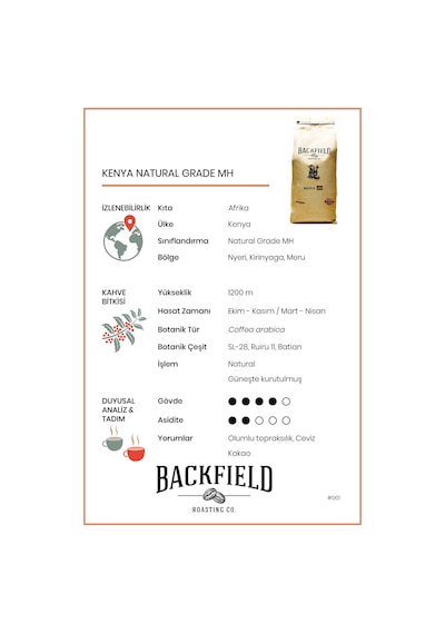 Backfield Roasting Co. Kenya Natural Grade Çekirdek Kahve 1 KG
