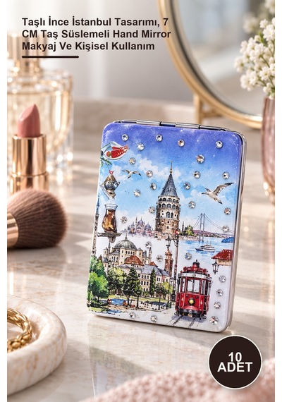 10 Adet El Aynası Taşlı İnce İstanbul Tasarımı, 7 Cm Taş Süslemeli Hand Mirror Makyaj Ve Kişisel Kullanım Sarı
