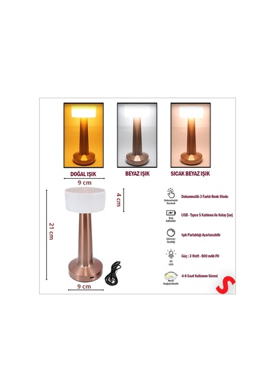 Şarjlı Dokunmatik Ayarlanabilir Renk Tonlu Led Masa Lambası - 21cm Renkli