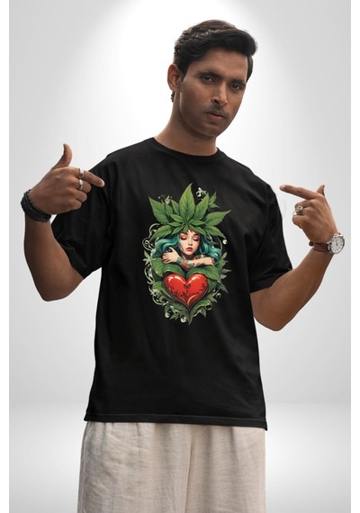 Kalp Parmak Kız Yeşillik Mutluluk Pamuklu Bisiklet Yaka Unisex Oversize Boyfriend Dijital Baskılı Siyah T-shirt Siyah