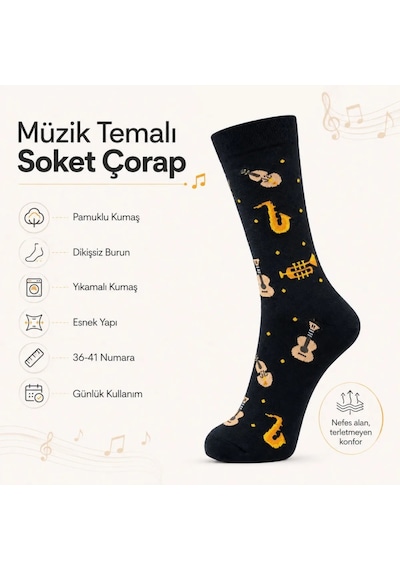 DS Wak Müzik Enstrüman Desenli Kadın Soket Çorap 36-40 Pamuklu Dikişsiz Burun Siyah Uzun Konç Hediyelik