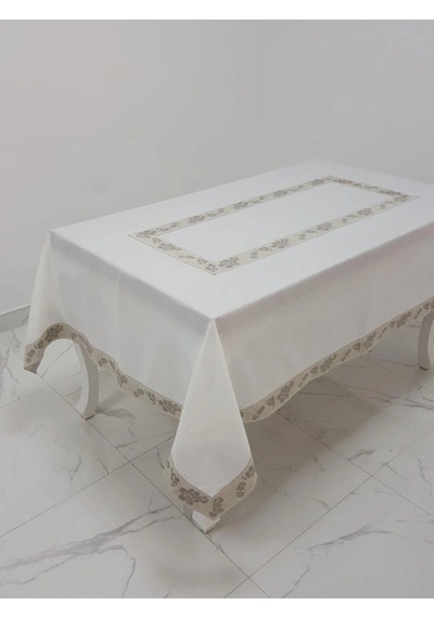 Nergis Jakar Bordürlü Keten Kumaş Krem Masa Örtüsü 160x230 Cm - 1136 Çok Renkli