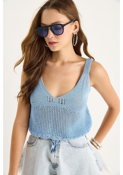 Shade Kadın Ajurlu Askılı Crop Triko Bluz 20251031 - Bebe Mavisi