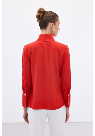 Sateen Çıt Çıt Detaylı Gömlek - Kırmızı-136558 Kırmızı
