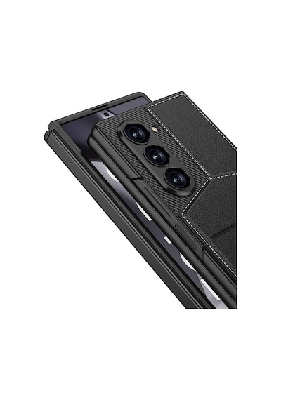Zore Galaxy Z Fold 6 Kılıf Karbon Fiber Deri Kartlıklı Ogaa Kıpta Dik Açılan Kartlıklı Kapak-siyah