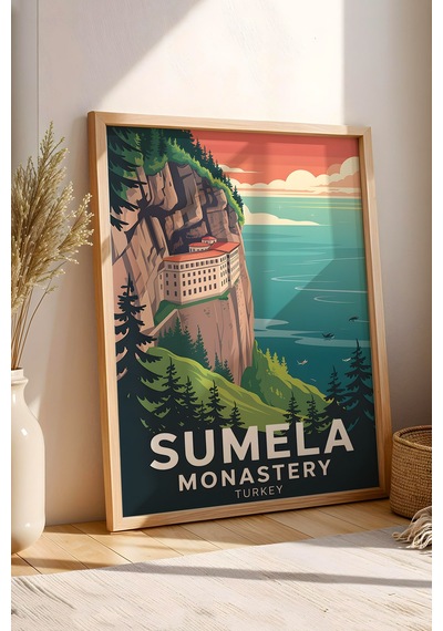 Sümela Manastırı Tablo - Retro Travel Poster - Trabzon Şehir Serisi Duvar Dekoru - Çerçeveli Poster Kayın