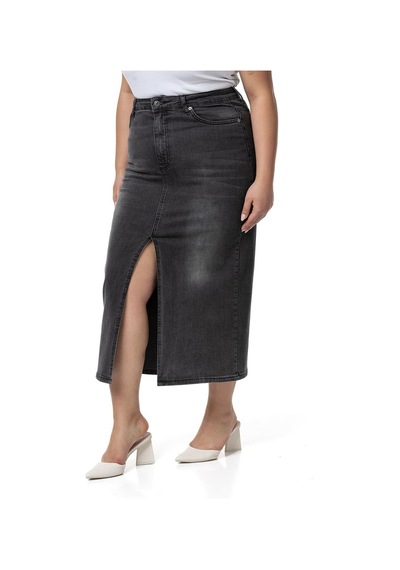 Disentis Büyük Beden Önden Yırtmaç Detaylı Beş Cepli Midi Denim Antrasit Etek-antrasit Antrasit