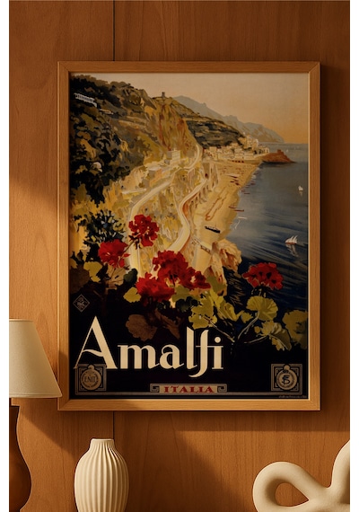 Amalfi Doğal Ahşap Çerçeveli Poster, Dekoratif Seyahat Duvar Tablosu