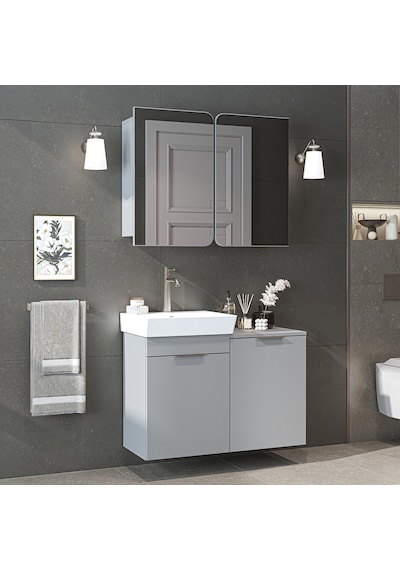 Dubai Sepetli Mdflam Banyo Dolabı, Lavabolu Banyo Alt Dolabı + Aynalı Banyo Üst Dolabı Takımı Kül Gri Dubai Sepetli Mdflam Banyo Dolabı, Lavabolu Banyo Alt Dolabı + Aynalı Banyo Üst Dolabı Takımı Kül Gri