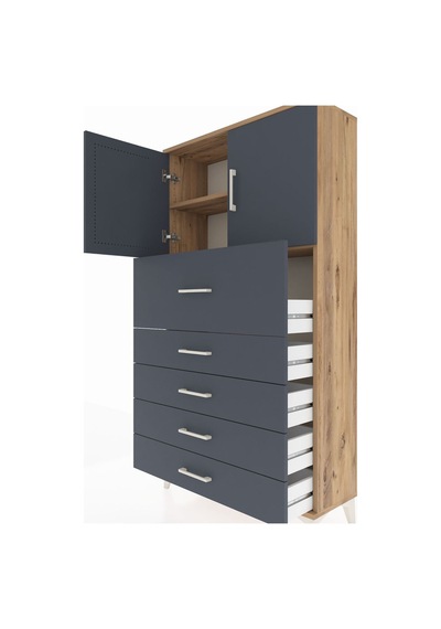 Arges Dolap 2 Raflı 5 Çekmeceli 2 Kapaklı 88x30x163 Çam-antrasit Atlas Çam