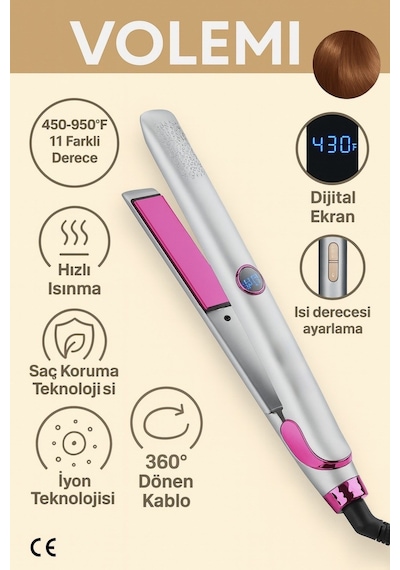 Volemi Vm-004 Profesyonel Seramik Plakalı Saç Düzleştirici Hızlı Isınma Dijital Led Ekran
