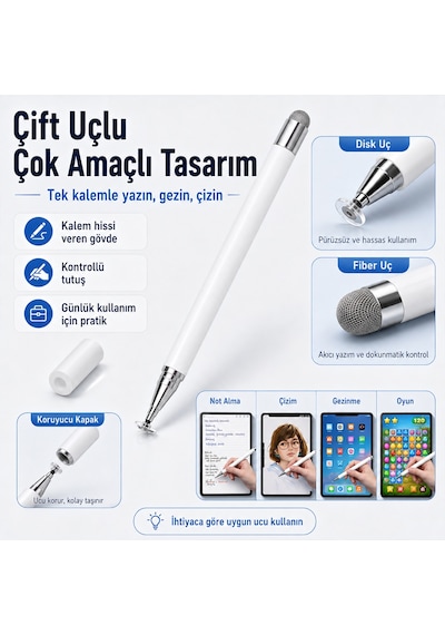 Honor Pad 9 İle Uyumlu Çift Uçlu Dokunmatik Kalem Disk Fiber Uç Beyaz
