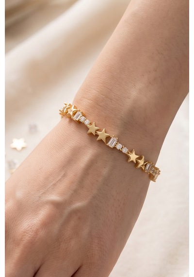 Gold Premimum Zirkon Taşlı Yıldızlı Çelik Bileklik 17cm + 3 Cm Uzatma