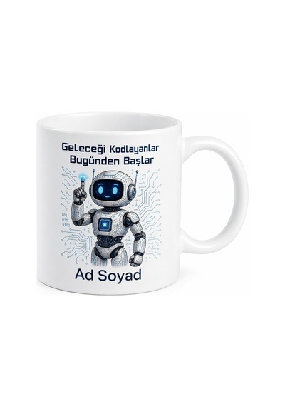 Robot Çizimli Yapay Zeka Temalı Teknolojik Kupa Bardak Hediye Beyaz / Çok Renkli