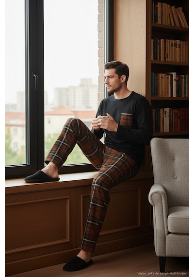 Buratti Ekoseli Cepli Beli Lastikli % 100 Pamuk Regular Fit Erkek Pijama Takımı 6572001 Siyah-Kahve