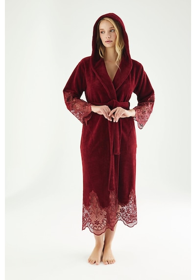 Dantelli Uzun Kapüşonlu Triga Bambu Cotton Bayan Bornoz Bordo