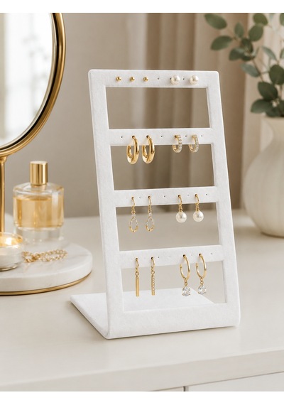 4 Katlı Küpe Ve Kolye Standı Beyaz Kadife Takı Standı Krem