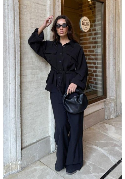 Seeh Siyah Uzun Kollu Oversize Kadın Takım Sh338 Standart